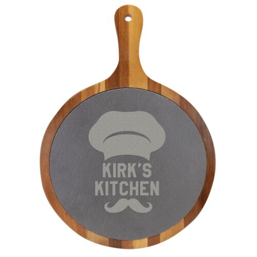 10 1/2" x 14 1/2" Round Acacia Wood/Slate Serving Board with Handle Thumbnail